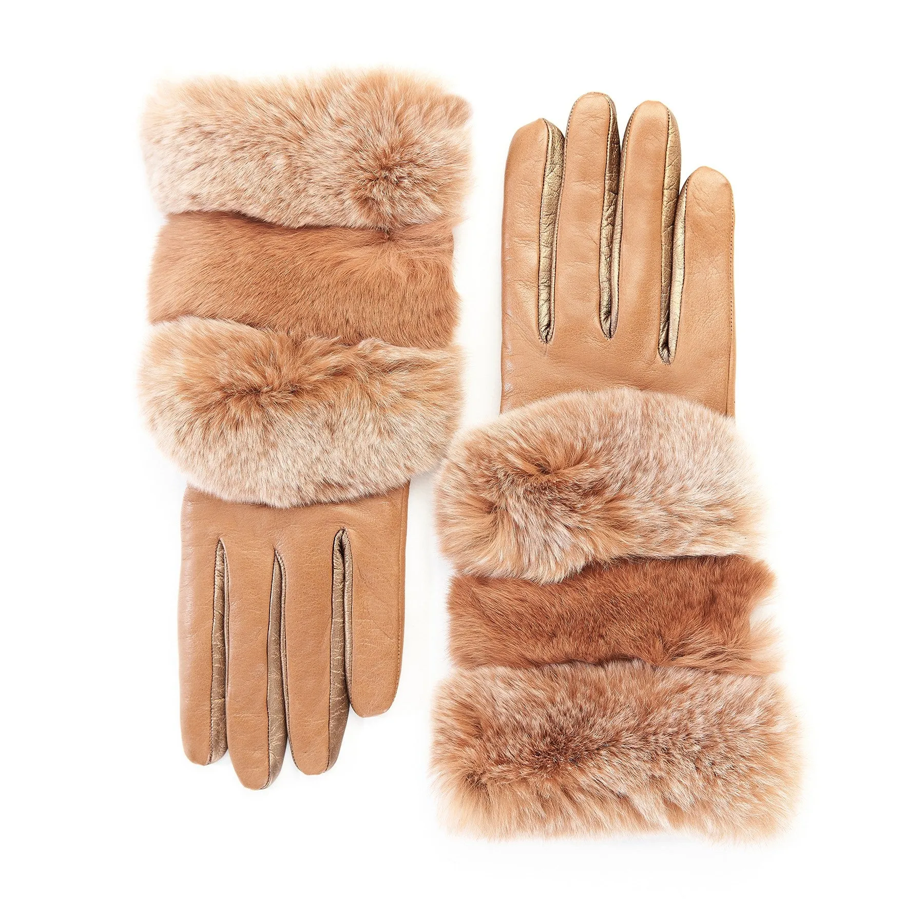 Women's cognac and bronze nappa leather gloves with natural fur